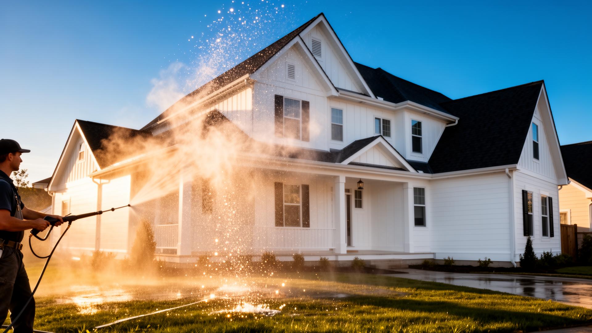 Professional pressure washing a Wisconsin home